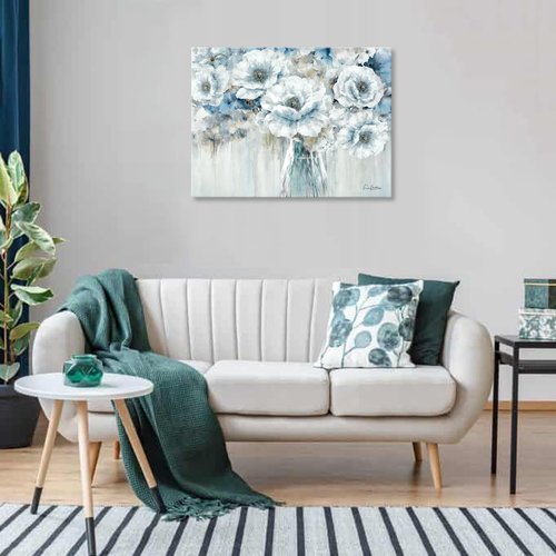 White Flower Canvas Wall Art, Blue and Gray Floral Picture in Vase for Living Room Bedroom Decor 32 x 24