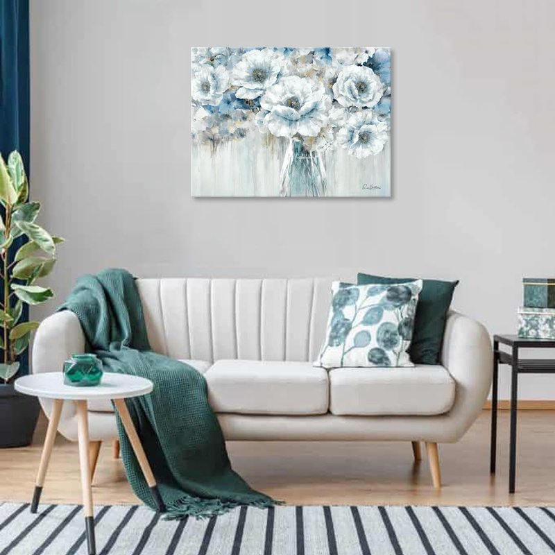 Woxfcart Living Room Flower Canvas Wall Art, Blue and White Floral in Vase with Gold Decoration for Gray Bedroom Bathroom Decor 32 x 24 Inch