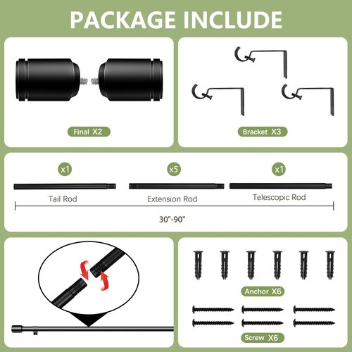 Adjustable Black Curtain Rods by [Brand Name] - 5/8” Diameter, 30-120 Inch for Windows with Brackets