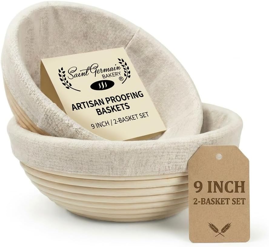 Saint Germain Bakery Premium Round Bread Banneton Basket - Set of 2 | 9" Round Baskets with Liner