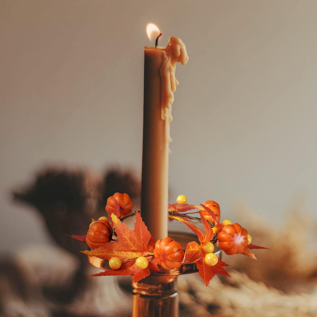 Skiennix Fall Candle Rings - Artificial Pumpkin & Maple Leaf Wreaths for Autumn Decor | 3.1" ID / 7" OD