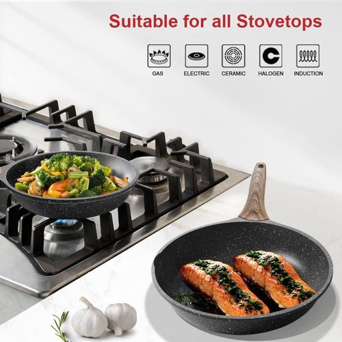 Caannasweis Nonstick Granite Frying Pan Skillet, Non Stick Omelette Fry Pans, Omelet Egg Pan, Stone Cookware Chef's Pan, Induction Compatible, PFOA Free (Gray, 9.5 Inch with Lid)