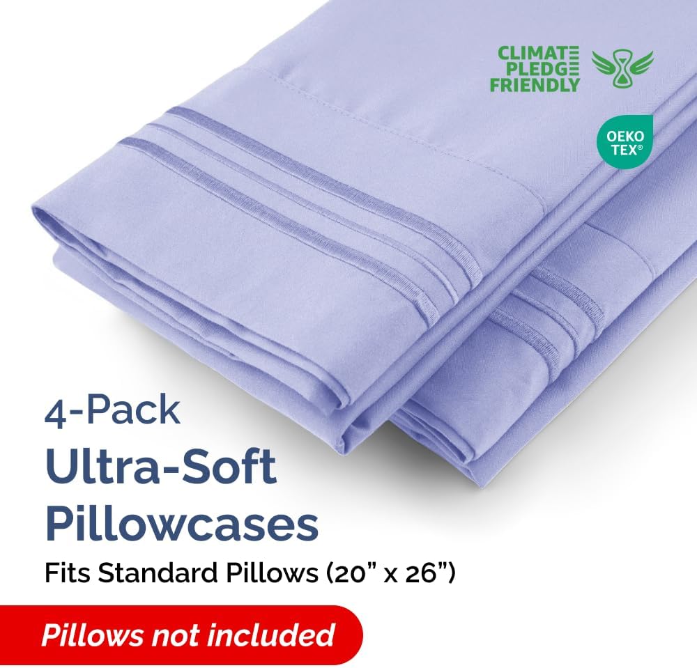 Skiennix Standard Pillow Cases Set of 4 - Ultra Soft Hotel Quality Covers - Machine Washable Lavender