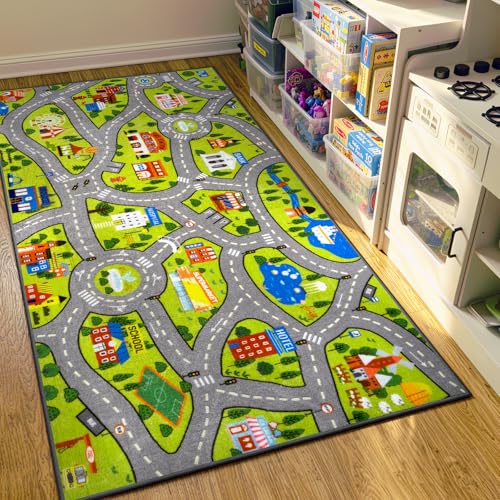 Kids City Road Play Rug - 60x32 Inch Washable Non-Slip Race Track Carpet