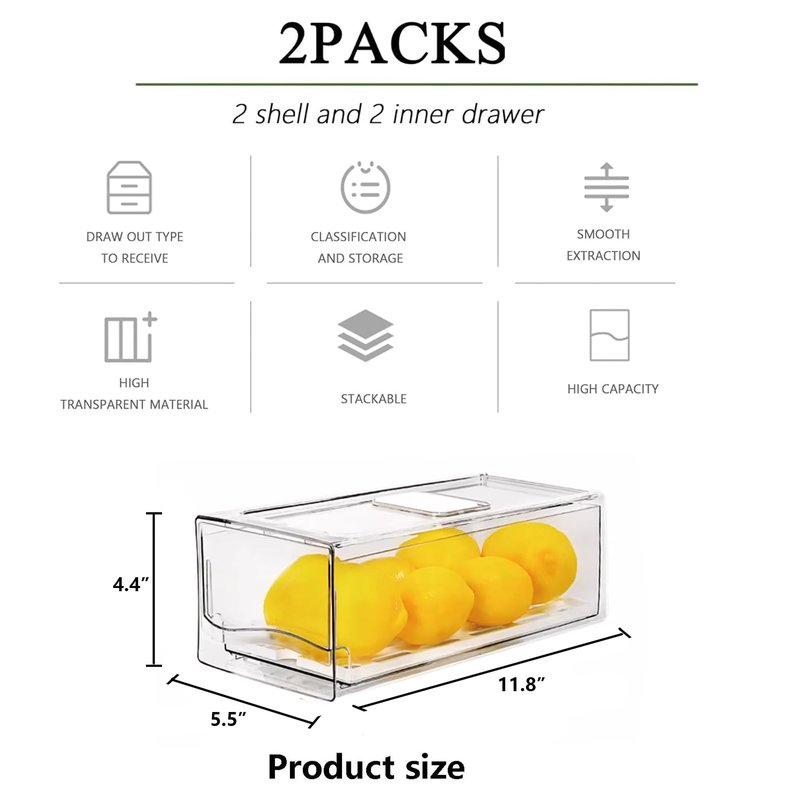 bealy 2 Pack Fruit Storage Containers for Fridge with Strainer, BPA-Free Fridge Organizers and Storage, Stackable Clear Pull Out Refrigerator Organizers Drawer for Fruit,Vegetable,Produce,Berry,Food