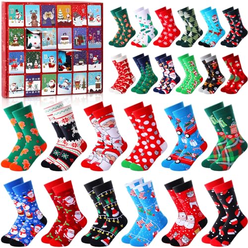 Novelty Christmas Socks Advent Calendar 24 Pairs for Men Women - Holiday Gift Set