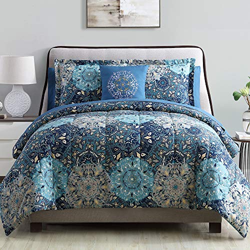 Granada Queen 8-Piece Reversible Microfiber Bed Set in Blues & Grays