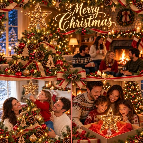 Rattan Christmas Tree Topper Star with Warm White LED Lights, Battery & USB Powered