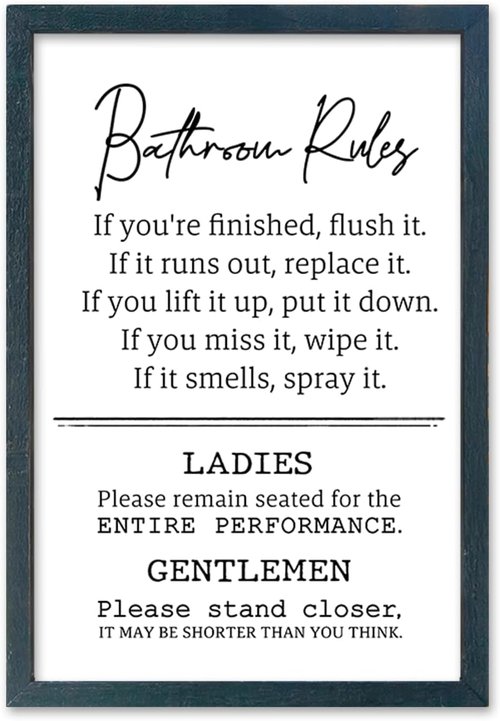 Bathroom Rules Wall Decor - Humorous Quotes Restroom Sign | 16" x 11" Framed Art (Black) by [Brand Name]