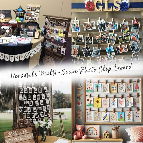 Freestanding Wood Photo Display Board with 30 Clips for Tabletop Decor
