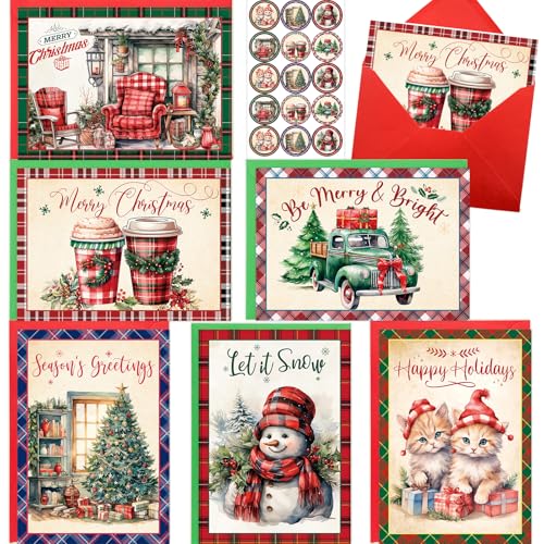 Vintage Christmas Cards with Envelopes - 12 Plaid Retro Holiday Note Cards