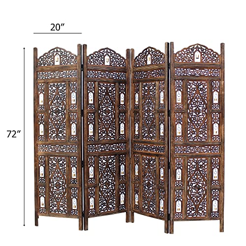 4-Panel Hand Carved Wood Room Divider, 72x80 Inch Folding Privacy Screen