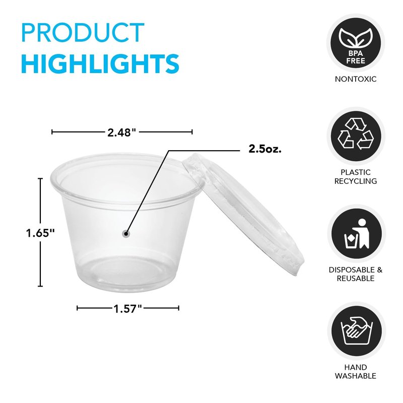 Party Essentials Squeezable Plastic Gelatin/Jello Shot Glasses/Portion Souffle Cups/Condiment Sauce Containers with Lids, 300 Sets, 2.5 oz. Clear