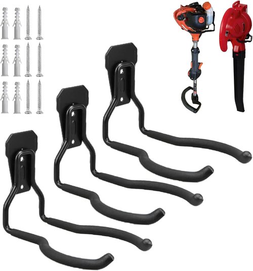 Garden Power Tool Hanger | Garage Wall Hooks for Weedeater & String Trimmer - 3 Durable Black Utility Hooks