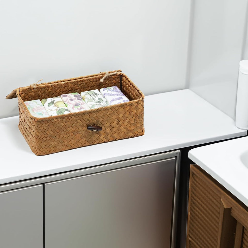 Wicker Storage Basket - Natural Seagrass Organizer with Lid | Rectangular Decorative Bin