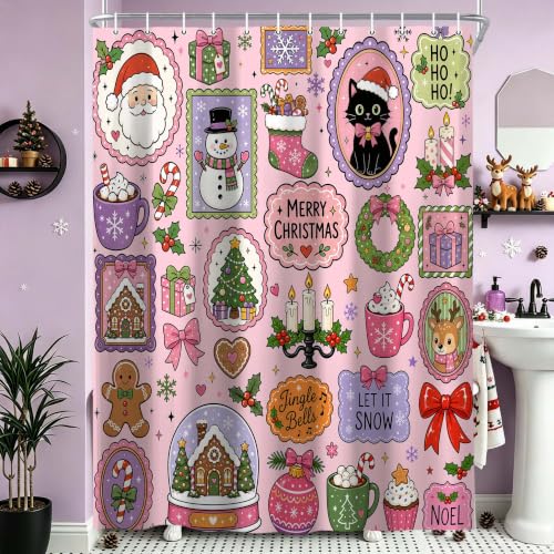 DeeCabin Pink Christmas Shower Curtain Santa Claus & Black Cat 70x70 Inches