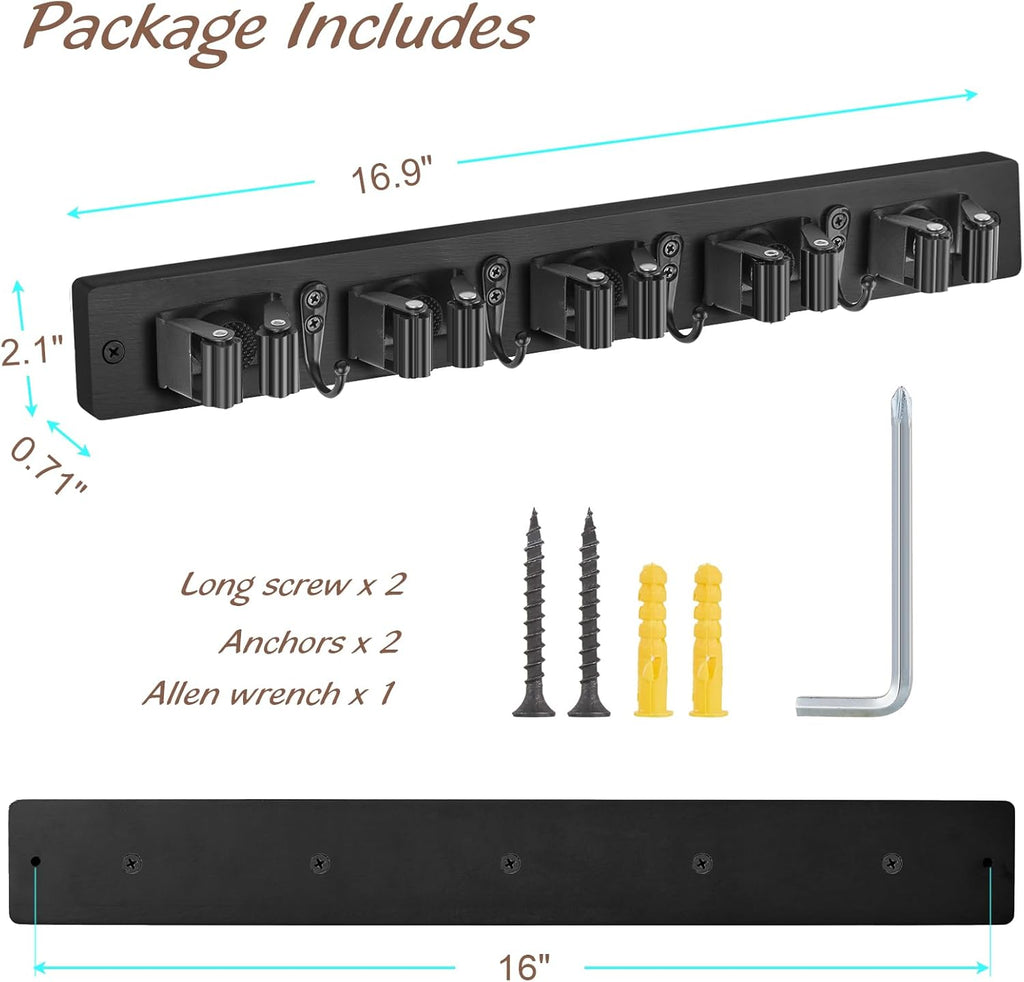 OUTNILI Mop and Broom Holder Wall Mount - Black Organizer Rack with 5 Slots & 4 Hooks for Garage, Kitchen, Laundry Room