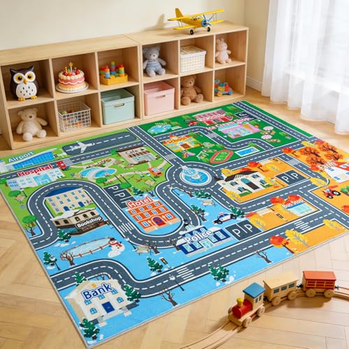 Kids City Road Play Mat - 4' x 5' Non-Slip Washable Toy Car Track Rug
