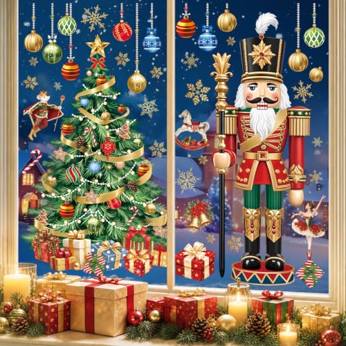 Wondever Nutcracker Christmas Window Clings - 9 Sheets, Static Cling Glass Decals
