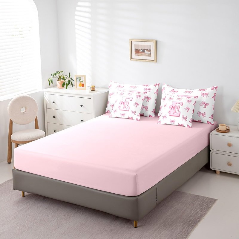 Erosebridal Dreamy Princess Bowknot Girls Bedding Set Kids Pink Initial Letter E Bed in A Bag with Sheets Cute Kawaii Letter Bow Twin Comforter Set 7 Piece Romantic Chic Bowknot Bed Set Room Decor