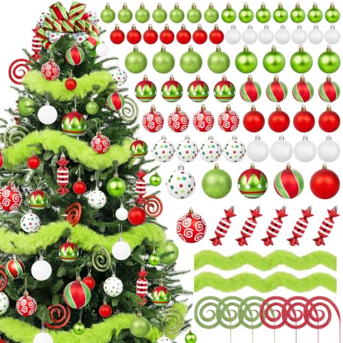 Christmas Decorations 92 Pcs Red Green White Ornaments Set with Glitter & Faux Fur Ribbon