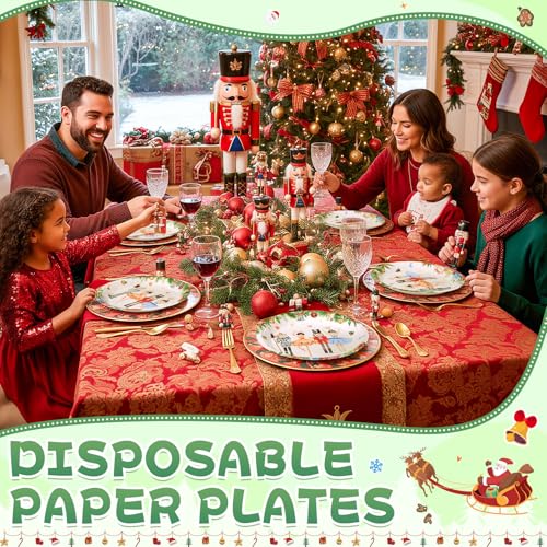 Shellwei 100 Pcs 7 Inch Christmas Plates Green White Nutcracker Set for Holiday Party
