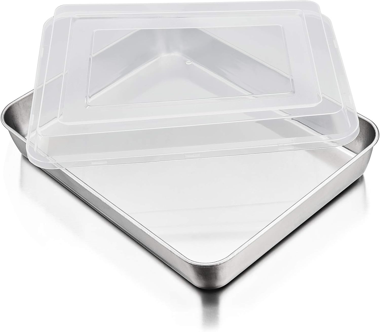 P&P CHEF Stainless Steel Baking Pan Set - Heavy Duty Rectangular Bakeware with Lid | 12.3" Deep, Easy to Clean (2 Pcs)