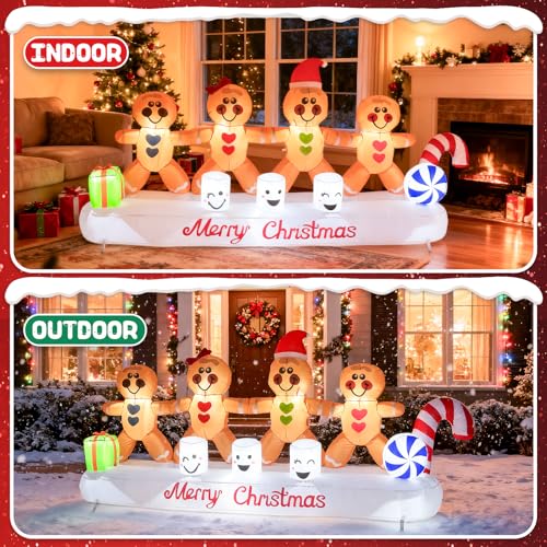 PopInflate 10 ft Gingerbread Christmas Inflatable with 4 Hands in Hand (Variation: Gingerbread) – Built-in 10 LED Lights