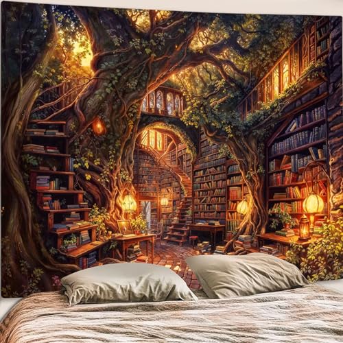 Vintage Forest Library Tapestry - Fantasy Bookshelf Wall Hanging (80 x 60 in)