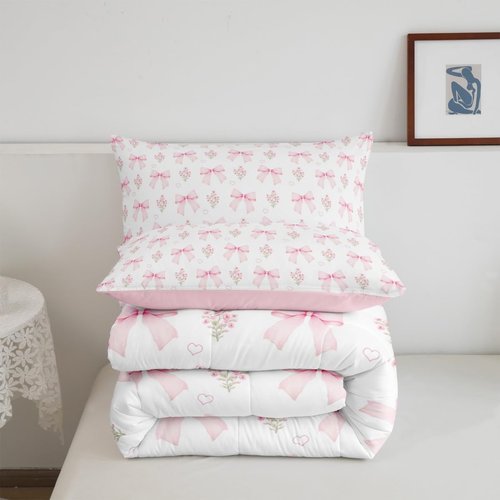 Erosebridal Pink Bow Queen Comforter Set for Girls Teens Bedroom,Girly Ribbon Pink Floral Coquette Bedding Set Coquette Bowknot Bed Set Bowtie Heart Bedding Comforter Sets Garden Flowers Quilt 3 Pcs