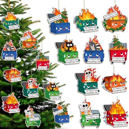 Syhood 10pcs Christmas Dumpster Fire Ornaments - Funny Wooden Holiday Decor