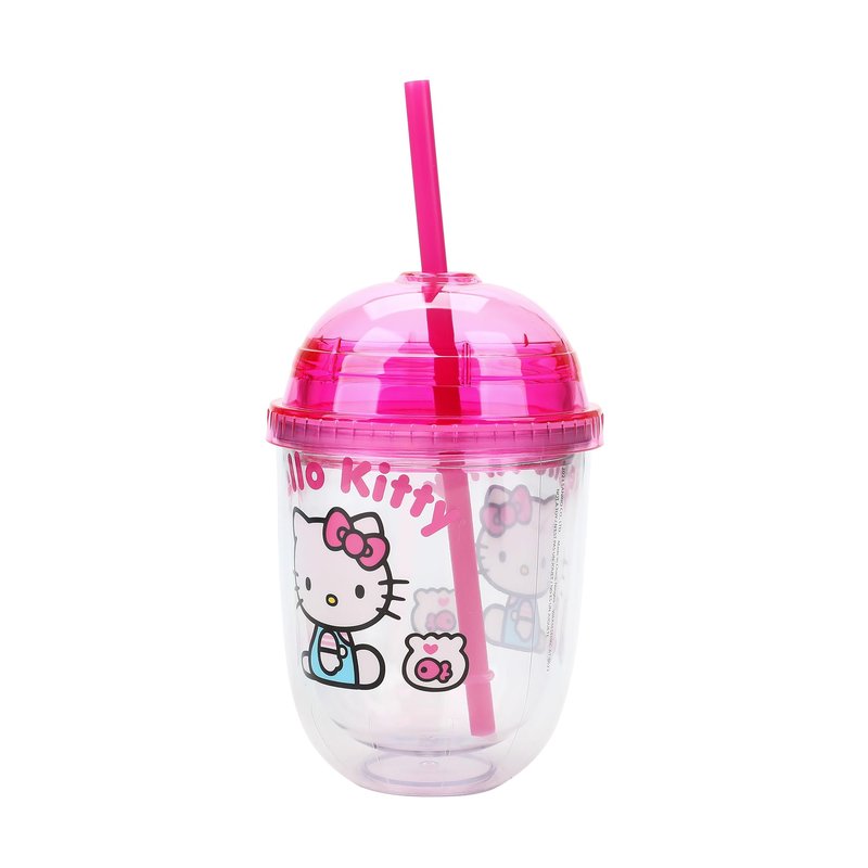 Bioworld Hello Kitty Drinks Character Art 13 Oz Double Wall Plastic Cup With Pink Dome Lid