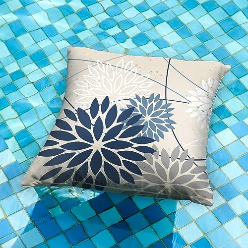 Blue Gray Floral Outdoor Pillow Covers 18x18, Waterproof Set of 2