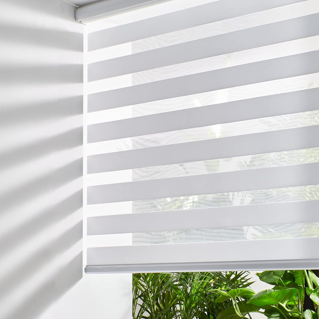 Persilux Cordless Zebra Blinds - Dual Layer Light Control Window Shades | 24" W X 72" H, White