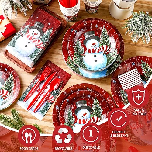 Sinmoe Red Snowman Christmas Paper Plate Dinnerware Set, 400 Pcs