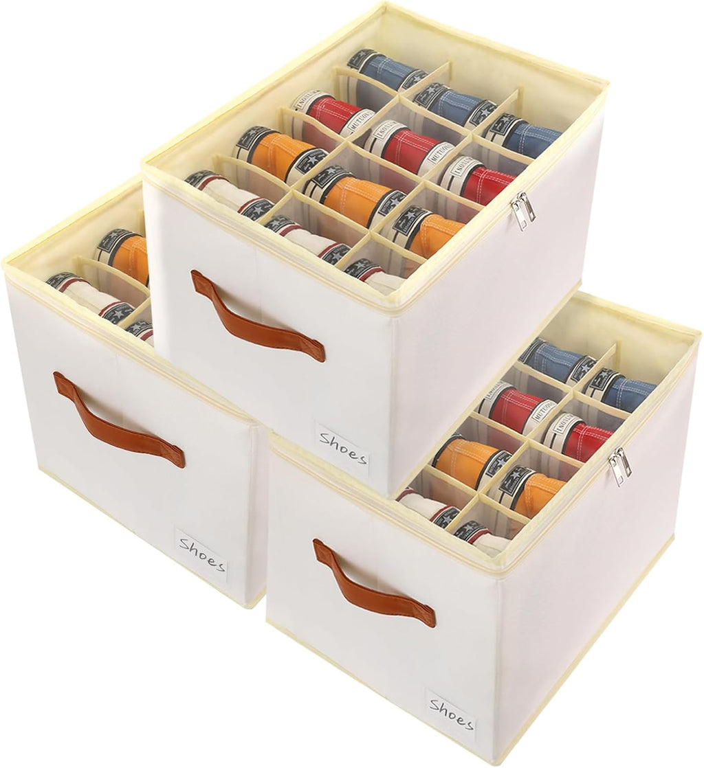 Patinao Shoe Storage Box Organizer - 3 Pack Stackable Clear Lids for 36 Pairs of Shoes | Space-Saving Design