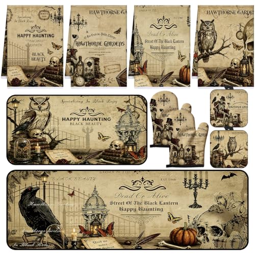 10-Piece Gothic Skull Kitchen Decor Set: Rugs, Towels, Mitts & Pot Holders