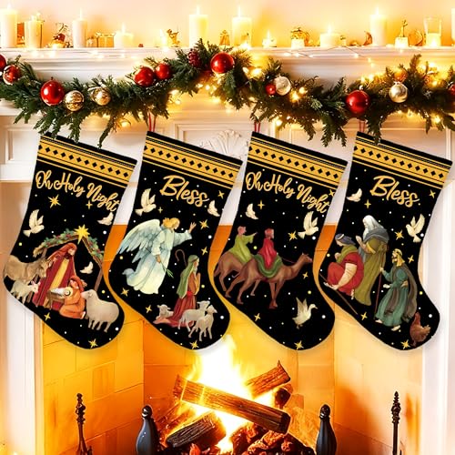 18-Inch Christmas Stockings 4-Pack Nativity Home Decor with Hanging Loops