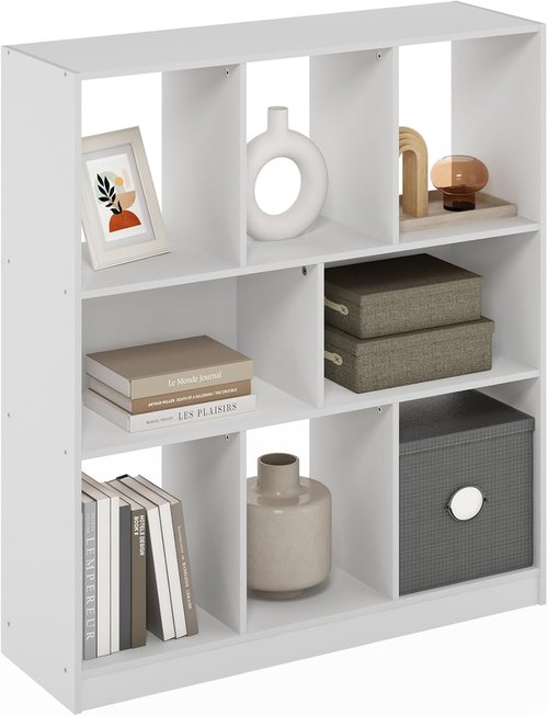 Furinno DALY Bookshelf - 8-Cube Horizontal Storage Organizer | Stylish White Bookcase for Home & Office