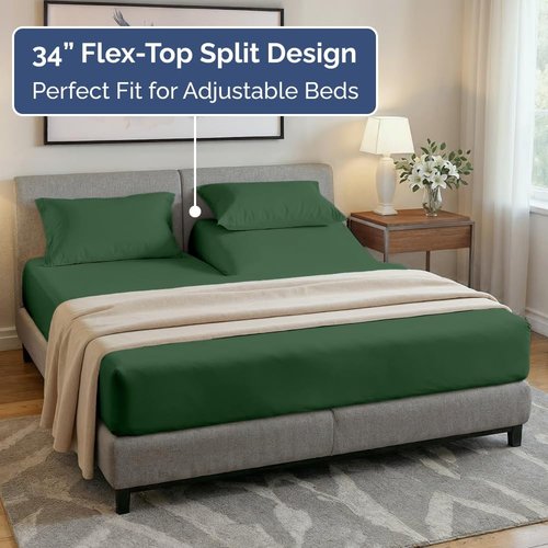 Flex Top Split Head King Sheet Set - Comfy, Breathable & Cooling Luxury Bedding - Deep Pockets - Emerald Green