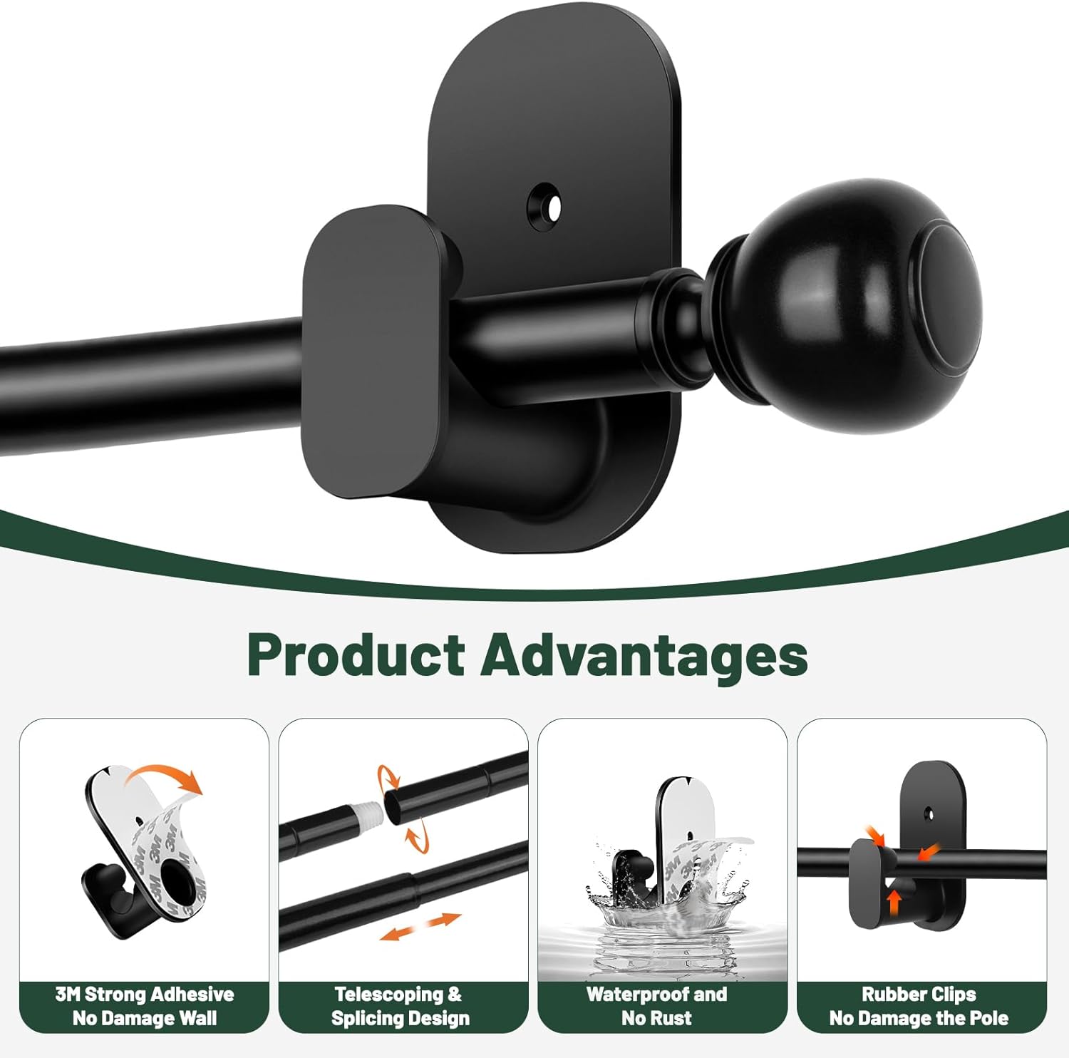 USFOOK No Drill Curtain Rods - Black 48 to 84 Inches | 5/8 Inch with 3M Adhesive Holders