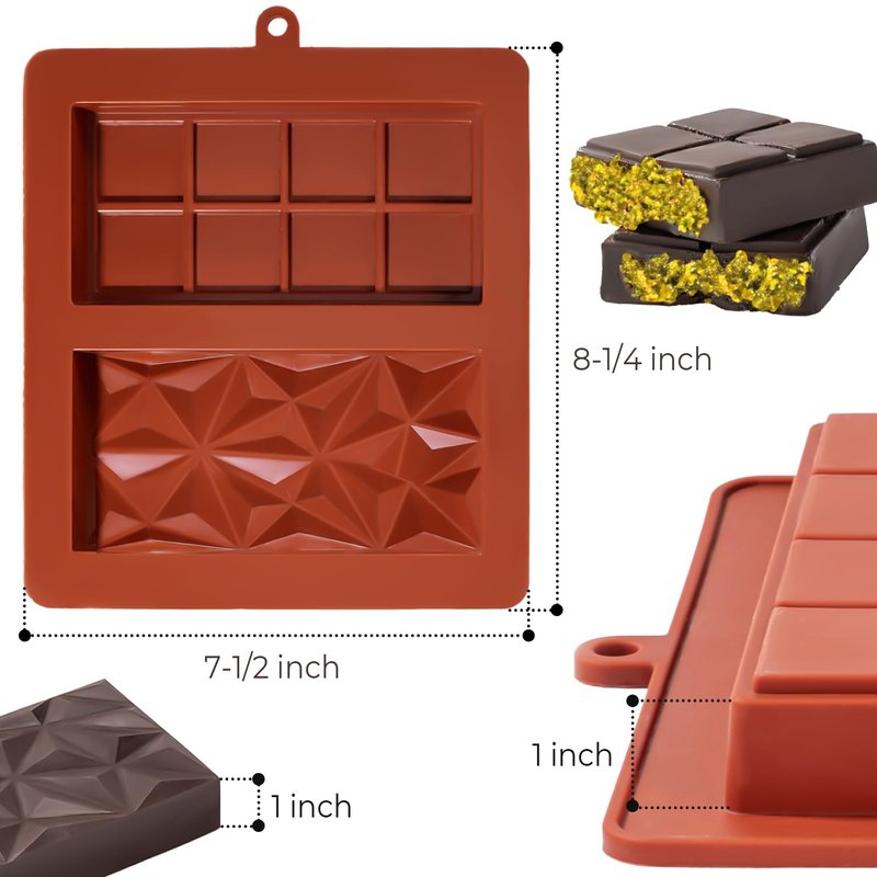 UWILLION Chocolate Bar Mold Deep Dubai 1 Inch 2 Pcs Pistachio Chocolate Bar Silicone Thick Mold for Stuffed Bar, Large Candy Bar Mould for Filling