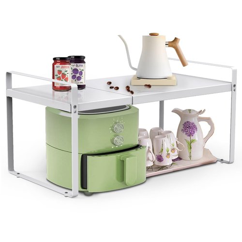 Expandable Cabinet Countertop Shelves, 11" Deep Cabinet Shelf Organizer Riser for Kitchen Pantry Cupboard Under Sink Countertop Organization Storage, Adjustable Metal Organizer Shelf with Nonslip Legs