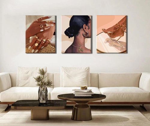 Julaydi Black Girl Wall Art Abstract African American Decor Posters Fashion Black Woman Canvas Prints Modern Black Female Painting Pictures for Bedroom Living Room Bathroom 16x24in Set of 3 Framed