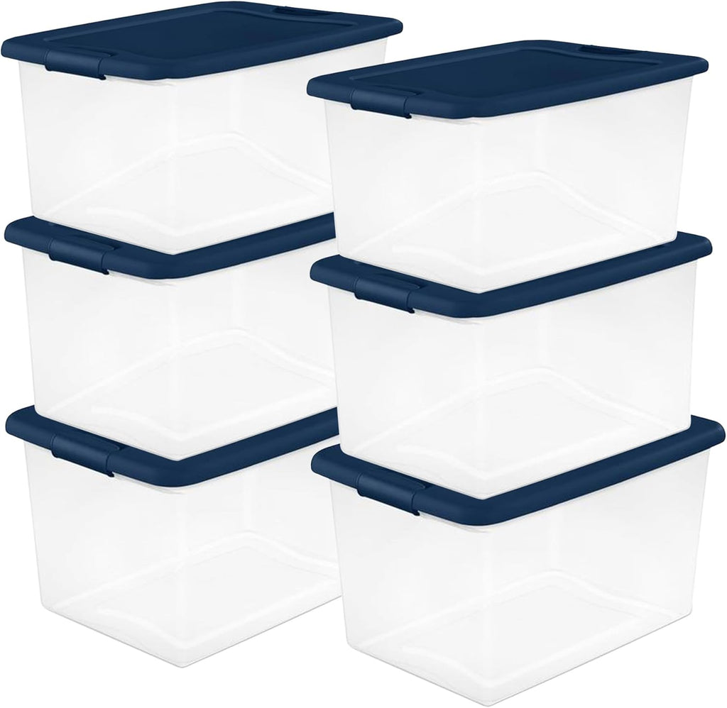 Sterilite Large Clear Plastic Storage Bins - 6-Pack 64 Quart Stackable Organizing Containers in Blue