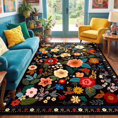 Floral Washable 5x7 Area Rug - Non-Slip Low-Pile Boho Flower Carpet