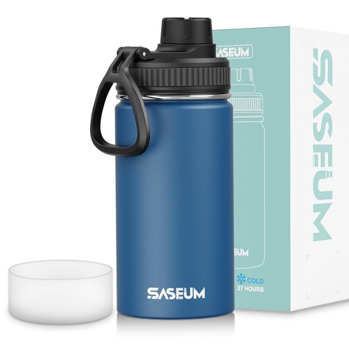 SASEUM Kids Sport Water Bottle 12oz Stainless Steel Double Wall Vacuum Thermal Mug with Leak Proof Spout Lids, Wide Mouth Metal Insulated Water Jug for Gym and Travel（Navy）