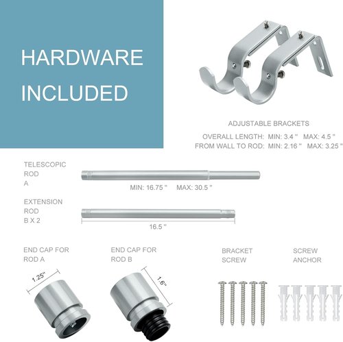 Byondeth Curtain Rods - Adjustable 16 to 60 Inches | 1-Inch Diameter with Aluminum End Caps, Silver Gray