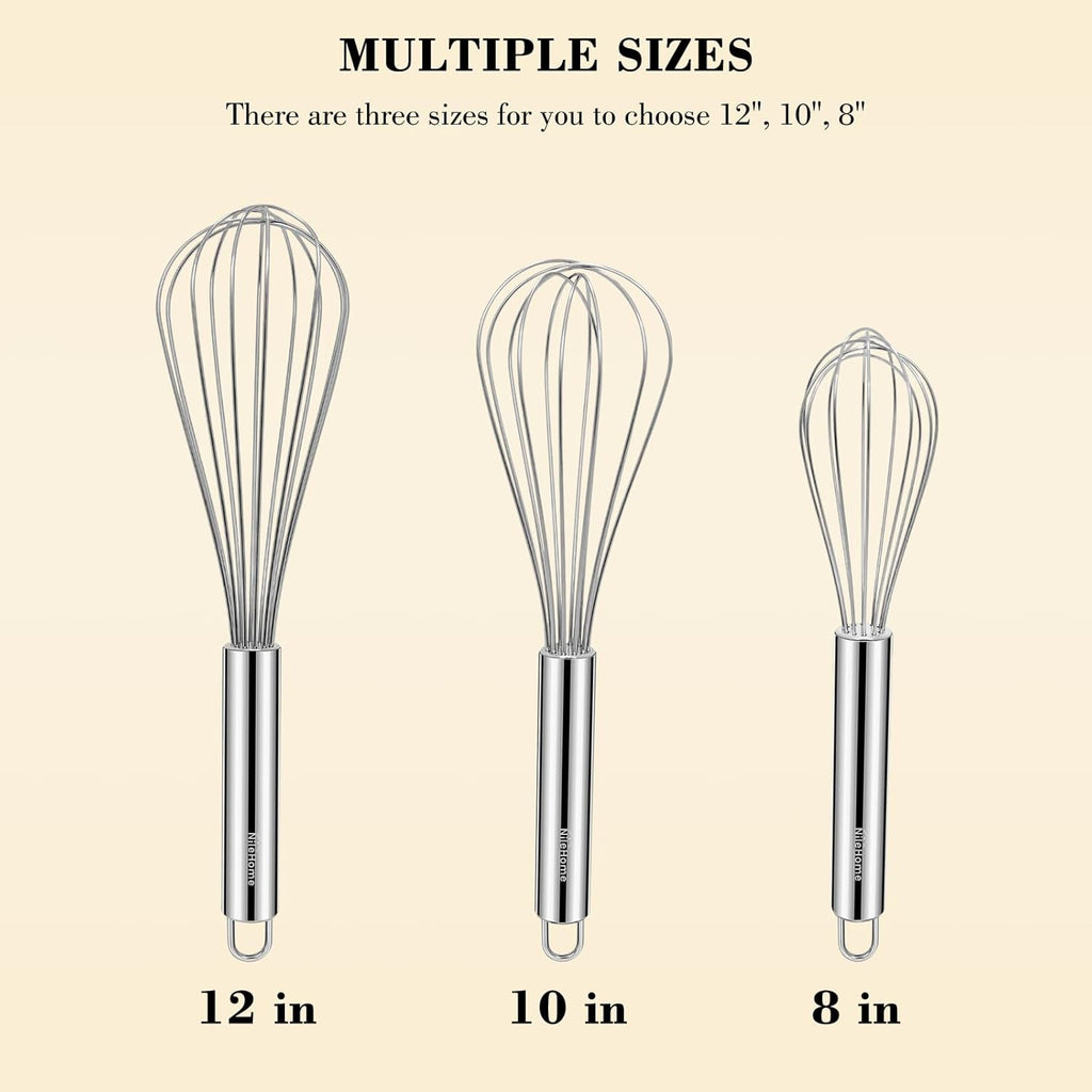NileHome Stainless Steel Whisk Set - 3 Pack of 8", 10", & 12" Kitchen Whisks for Cooking & Baking