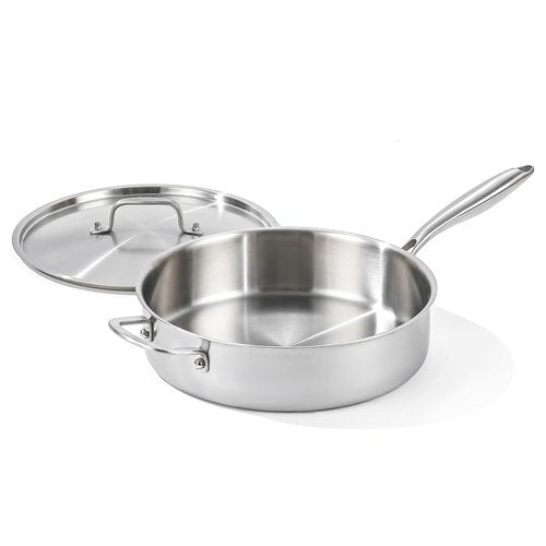 DELARLO 5QT Saute Pan Tri-Ply Stainless Steel Pan, 12Inch Deep Frying Pan with Steel cover, Kitchen Large Skillet,Heavy Duty Style Compatible With All Cooktops Up to 650℉